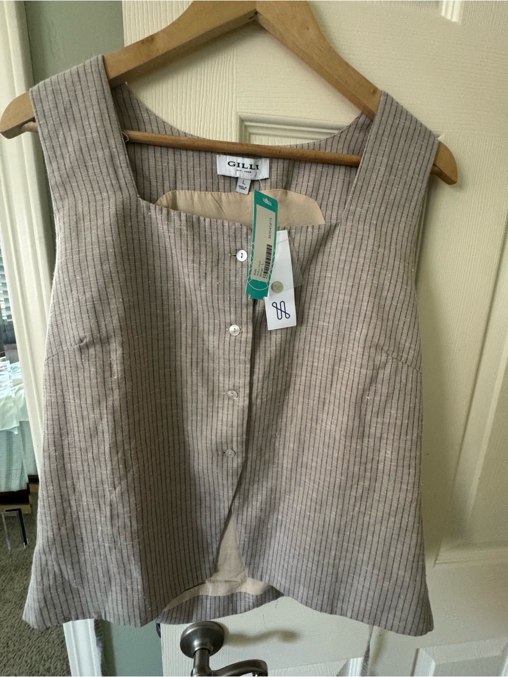 Gilli Beige Pinstripe Sleeveless Button-Front Tunic NWT L